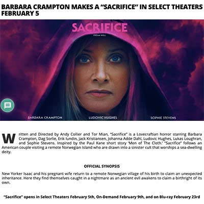 BARBARA CRAMPTON MAKES A “SACRIFICE” IN SELECT THEATERS FEBRUARY 5